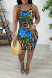 Red Casual Leopard Floral Print U Neck Sleeveless Bodycon Plus Size Midi Vest Dresses
