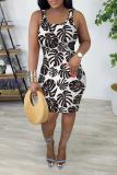 White Black Casual Tropical Leaf Print U Neck Sleeveless Bodycon Plus Size Midi Vest Dresses