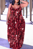 Rose Red Graphic Print U Neck Sleeveless Backless Fitted Casual Vacation Plus Size Maxi Slip Dresses