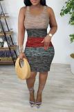 Red Casual Leopard Contrast Print U Neck Sleeveless Bodycon Plus Size Midi Vest Dresses