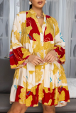Purple Floral Print Button up Long Sleeve Ruffle Hem Loose Casual Vacation Midi Shirt Dresses