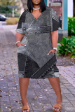 Black Grey Colorblock Print V Neck Short Sleeve with Pocket Casual Outing Plus Size Midi T-shirt Dress
