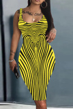 Khaki Abstract Stripe Print U Neck Sleeveless Bodycon Plus Size Midi Vest Dresses