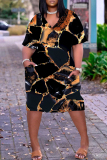 Black Orange Abstract Print V Neck Short Sleeve with Pocket Casual Outing Plus Size Midi T-shirt Dress