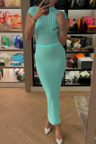 Green See-Through Turtleneck Short Sleeve Bodysuit and Maxi Skirts Bodycon Party Vacation Two Piece Dress Sets