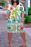 Red Graphic Floral Leaf Print V Neck Short Sleeve with Pocket Casual Outing Plus Size Midi T-shirt Dress