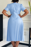 Light Blue V Neck Short Sleeve Button up 3D Flower Decor Pleated Fitted Party Evening Maxi Dresses