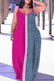 Red Contrast Print Striped U Neck Sleeveless Backless Fitted Casual Vacation Plus Size Maxi Slip Dresses