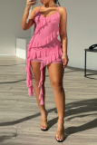 Pink Gauze Sleeveless Backless Ruffle Trim Bodycon Party Club Vacation Mini Slip Dresses