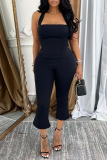 Black Casual Sleeveless Backless Halter Tops and Flared Capri Pants Bodycon Two Piece Trouser Sets
