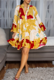 Purple Floral Print Button up Long Sleeve Ruffle Hem Loose Casual Vacation Midi Shirt Dresses