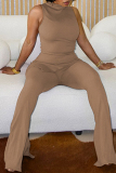 Black Slit Turtleneck Sleeveless Tops and Flared Pants Bodycon Casual Outing Two Piece Trouser Sets