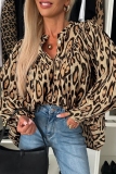 Brown Casual Leopard Print Long Sleeve Button up Ruched Loose Shirts Tops