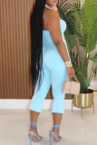 Black Casual Sleeveless Backless Halter Tops and Flared Capri Pants Bodycon Two Piece Trouser Sets