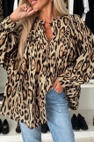 Brown Casual Leopard Print Long Sleeve Button up Ruched Loose Shirts Tops