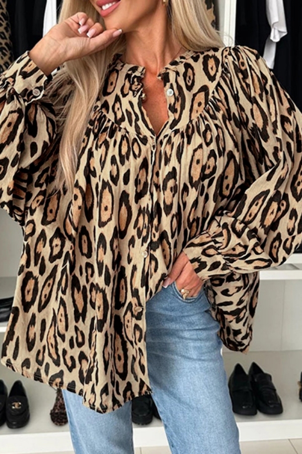 Brown Casual Leopard Print Long Sleeve Button up Ruched Loose Shirts Tops