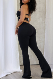 Black Sleeveless Backless Belted Cut Out Mental Accessories Trim Bodycon Party Club Wear Halter Jumpsuits
