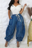 Black Grey Casual Pocket Belted Tie Bow Mid Waist Drawstring Straight Harem Denim Jeans