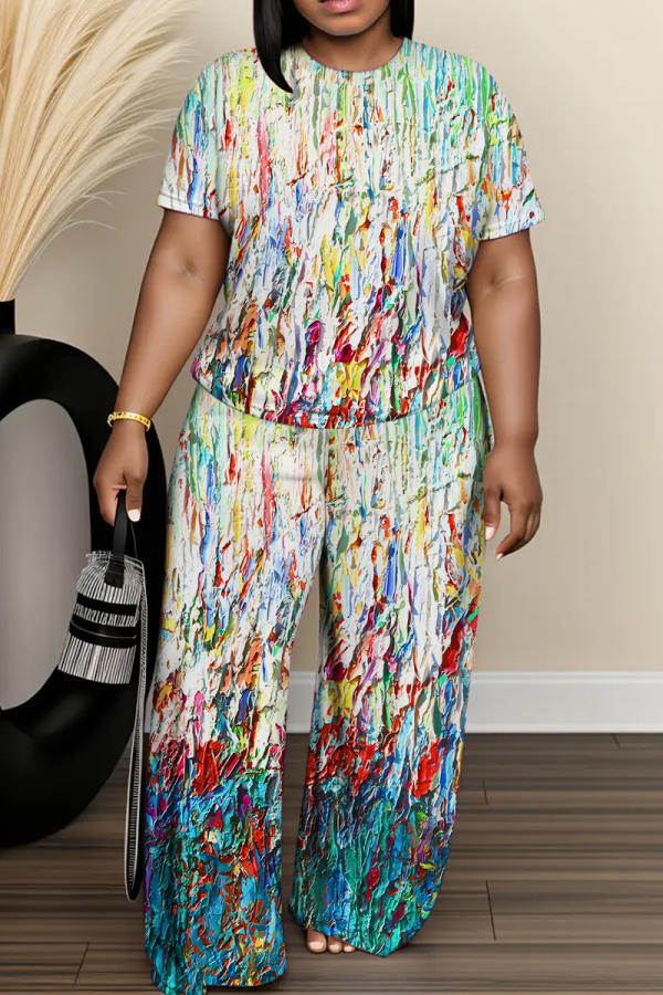 White Abstract Print O Neck Short Sleeve T-shirt and Wide Leg Pants Casual Outing Plus Size Two Piece Trouser Sets