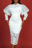 White Lace Round Neck Long Hubble-Bubble Sleeve Bodycon Celebrities Party Club Wear Evening Long Dresses