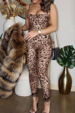 Leopard Print Square Neck Sleeveless Backless Skinny Party Club Wear Cami Jumpsuits