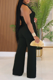 Apricot Sleeveless Backless Keyhole Cutout Knitted Casual Vacation Halter Wide Leg Jumpsuits