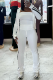 White Striped Casual Sportswear Stand-up Collar Long Sleeve Zipper Jackets Tube Tops and Flared Panst Three Piece Trouser Sets