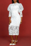 White Lace Round Neck Long Hubble-Bubble Sleeve Bodycon Celebrities Party Club Wear Evening Long Dresses