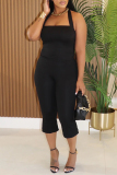 Black Casual Sleeveless Backless Halter Tops and Flared Capri Pants Bodycon Two Piece Trouser Sets