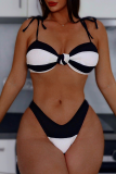 Black White Contrast Lace up Bikinis Set Swimwears Swimsuits