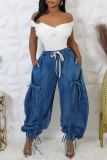 Black Grey Casual Pocket Belted Tie Bow Mid Waist Drawstring Straight Harem Denim Jeans