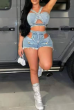 Blue Sleeveless Backless Cut Out Buttons Cami Crop Tops and Raw Hem Mini Shorts Bodycon Two Piece Short Sets