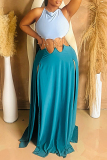 Blue Sleeveless Backless Cross Straps Cut Out Mental Ring Trim Waist High Slit Bodycon Party Vacation Maxi Slip Dresses
