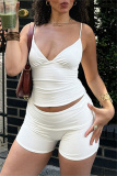 White V Neck Sleeveless Backless Cami Tops and Skinny Shorts Fitted Casual Sportwear Two Piece Short Sets