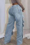 Blue Zipper High Waist Pocket Buttons Patchwork Casual Loose Straight Leg Cargo Denim Jeans