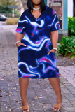 Black Orange Abstract Print V Neck Short Sleeve with Pocket Casual Outing Plus Size Midi T-shirt Dress