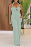 Apricot Sleeveless Backless Keyhole Cutout Knitted Casual Vacation Halter Wide Leg Jumpsuits