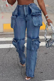 Light Blue Casual Mid Waist with Pocket Straight Cargo Denim Jeans