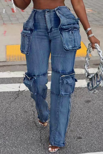Light Blue Casual Mid Waist with Pocket Straight Cargo Denim Jeans Light Blue Casual Mid Waist with Pocket Straight Cargo Denim Jeans
