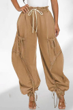 Black Grey Casual Pocket Belted Tie Bow Mid Waist Drawstring Straight Harem Denim Jeans