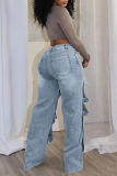 Blue Zipper High Waist Pocket Buttons Patchwork Casual Loose Straight Leg Cargo Denim Jeans