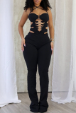 Black Sleeveless Backless Belted Cut Out Mental Accessories Trim Bodycon Party Club Wear Halter Jumpsuits