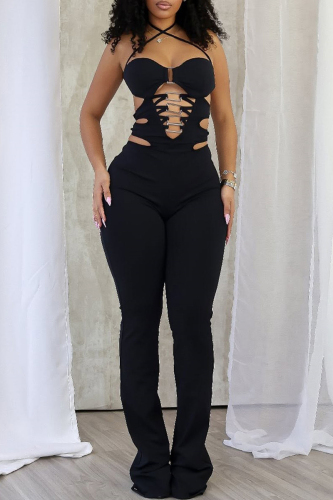 Black Sleeveless Backless Belted Cut Out Mental Accessories Trim Bodycon Party Club Wear Halter Jumpsuits