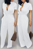 Blue Half A Turtleneck Short Sleeve Belted Casual Outing Cargo Wide Leg Jumpsuits