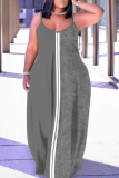 Red Contrast Print Striped U Neck Sleeveless Backless Fitted Casual Vacation Plus Size Maxi Slip Dresses