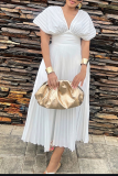 White V Neck Short Sleeve Waisted Pleated Party Evening Maxi Dresses