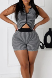 Black Knitted Zipper Collar Sleeveless Tops and Skinny Shorts Fitted Casual Outing Two Piece Short Sets