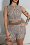 Black Knitted Zipper Collar Sleeveless Tops and Skinny Shorts Fitted Casual Outing Two Piece Short Sets