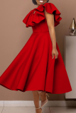 Black O Neck Sleeveless Zipper Ruffle Trim A-line Fitted Party Evening Maxi Dresses