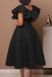 Black O Neck Sleeveless Zipper Ruffle Trim A-line Fitted Party Evening Maxi Dresses